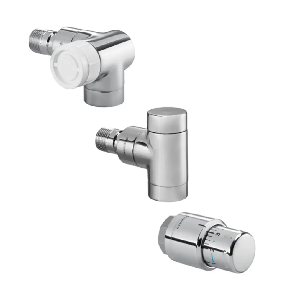 Oventrop Thermostatventil mit Rücklaufverschraubung und Winkeleck, verchromt. Besteht aus einem Thermostatventil, einem Rücklaufadapter und einem Regelventil.
